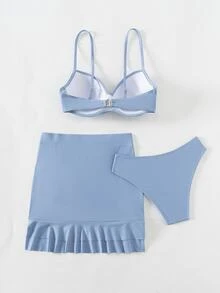 SHEIN Swim Women's Sexy Solid Color Bikini Set With Crossed Chest And Underwire, 3pcs/Set With Cover Up Skirt And Shirt Summer - Blue - View 6