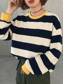 FRIFUL Women's Round Neck Striped Patchwork Casual Versatile Daily Wear T-Shirt Graphic Tee - Black and White - View 5
