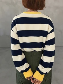 FRIFUL Women's Round Neck Striped Patchwork Casual Versatile Daily Wear T-Shirt Graphic Tee - Black and White - View 6