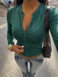 DAZY Women's Round Neck Long Sleeve Open Front Solid Color Fitted Short Street Casual Jacket Summer - Dark Green - View 6