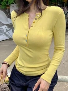 DAZY Cream Yellow Colorful Rainbow Button Decor Slim Fit Long Sleeve T-Shirt For Women, Suitable For Summer, Spring, Autumn - Yellow - View 2