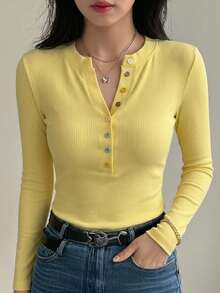 DAZY Cream Yellow Colorful Rainbow Button Decor Slim Fit Long Sleeve T-Shirt For Women, Suitable For Summer, Spring, Autumn - Yellow - View 8