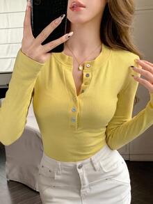 DAZY Cream Yellow Colorful Rainbow Button Decor Slim Fit Long Sleeve T-Shirt For Women, Suitable For Summer, Spring, Autumn - Yellow - View 6