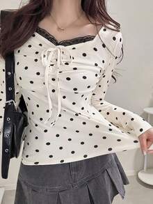 FRIFUL Women's Polka Dot Print Front Tie Long Sleeve Casual T-Shirt Cute Tops - White - View 1