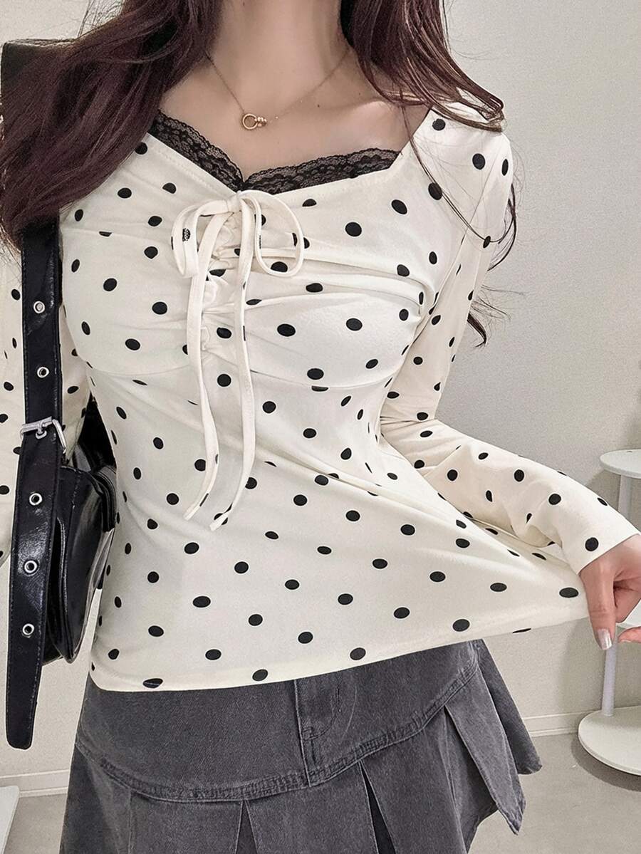 FRIFUL Women's Polka Dot Print Front Tie Long Sleeve Casual T-Shirt Cute Tops - White - View 1