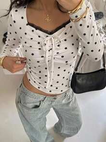 FRIFUL Women's Polka Dot Print Front Tie Long Sleeve Casual T-Shirt Cute Tops - White - View 7