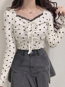 FRIFUL Women's Polka Dot Print Front Tie Long Sleeve Casual T-Shirt Cute Tops - White - View 4