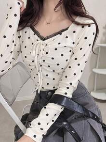 FRIFUL Women's Polka Dot Print Front Tie Long Sleeve Casual T-Shirt Cute Tops - White - View 6