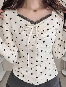 FRIFUL Women's Polka Dot Print Front Tie Long Sleeve Casual T-Shirt Cute Tops - White - View 3