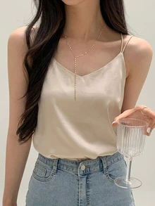 DAZY Women's Elegant Daily Solid Color V-Neck Casual Camisole, Summer - Apricot - View 1