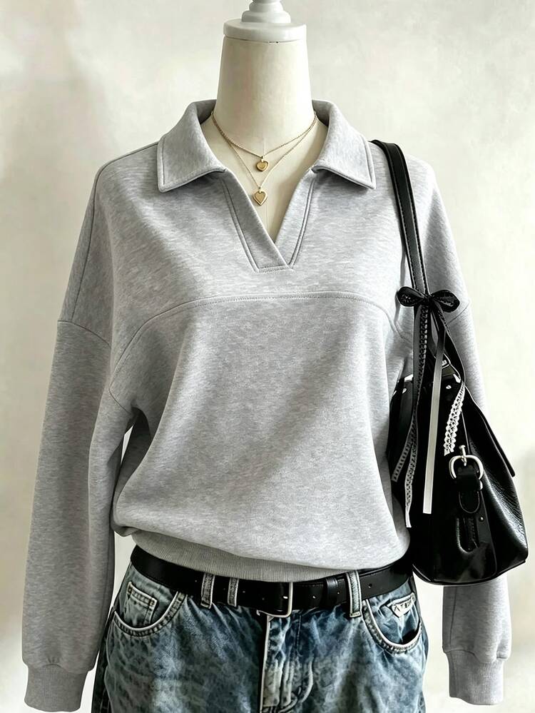 Lalippa Super Loose Half-Button Lapel Drop Shoulder Long Sleeve Sweatshirt - Grey - View 3