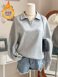 Lalippa Áo nỉ tay dài vai trễ cổ bẻ cài nửa cúc dáng siêu rộng - Xám - Xem 1