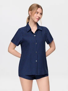 Bonmuse Women's Classic Plaid Cardigan Collar Pajama Set - Blue - View 4