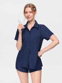 Bonmuse Women's Classic Plaid Cardigan Collar Pajama Set - Blue - View 8