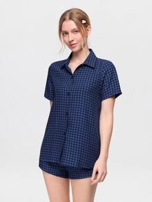 Bonmuse Women's Classic Plaid Cardigan Collar Pajama Set - Blue - View 3