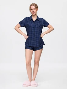 Bonmuse Women's Classic Plaid Cardigan Collar Pajama Set - Blue - View 6