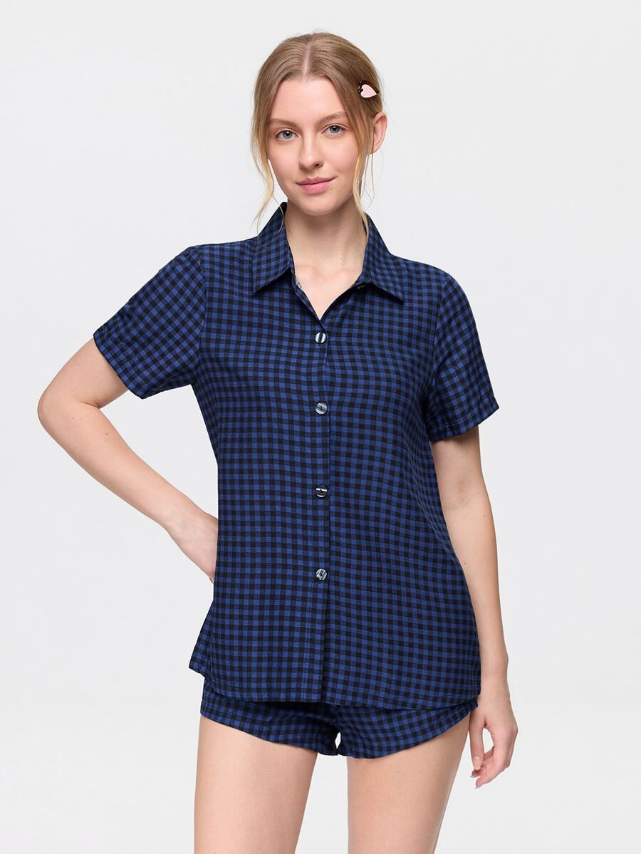 Bonmuse Women's Classic Plaid Cardigan Collar Pajama Set - Blue - View 1