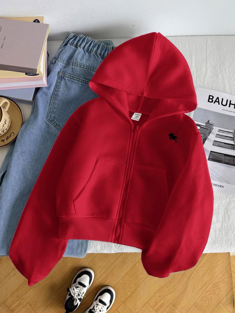 SHEIN Tween Girl Loose Casual Kids Minimalist Comfortable Daily Streetwear Hooded - Short Long Sleeve Sweatshirt Autumn Jacket White Back To School Outfit - Red - View 7