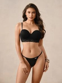 Hourtrue Women's Sexy Lace Wide Band Underwire Push-Up Bra, Comfortable Solid Color Seamless Lingerie With Side Support - Black - View 1