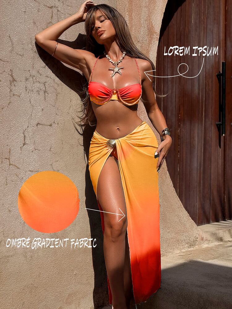 Swim SXY Women's Yellow Summer Casual Beach Holiday Vacation 3 Pieces Swimwear Gradient Print Braided Rope Mesh Skirt Bikini Set With Cover Up Bathing Suit - Orange - View 1