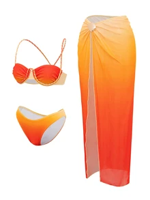 Swim SXY 女款黃色夏季休閒海灘度假三件式泳衣套裝，漸層印花編繩網紗裙比基尼附外罩泳裝 - 橘色 - 查看 4