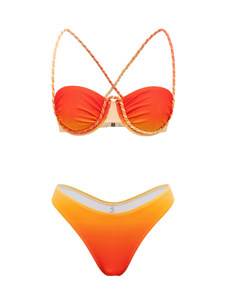 Swim SXY Women's Yellow Summer Casual Beach Holiday Vacation 3 Pieces Swimwear Gradient Print Braided Rope Mesh Skirt Bikini Set With Cover Up Bathing Suit - Orange - View 5