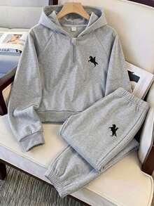 SHEIN Kids Tween Boy Knight Print Raglan Long Sleeve Autumn Winter Hoodie And Sweatpants Casual Set - Grey - View 4