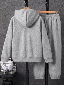 SHEIN Kids Tween Boy Knight Print Raglan Long Sleeve Autumn Winter Hoodie And Sweatpants Casual Set - Grey - View 2