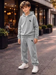 SHEIN Kids Tween Boy Knight Print Raglan Long Sleeve Autumn Winter Hoodie And Sweatpants Casual Set - Grey - View 1
