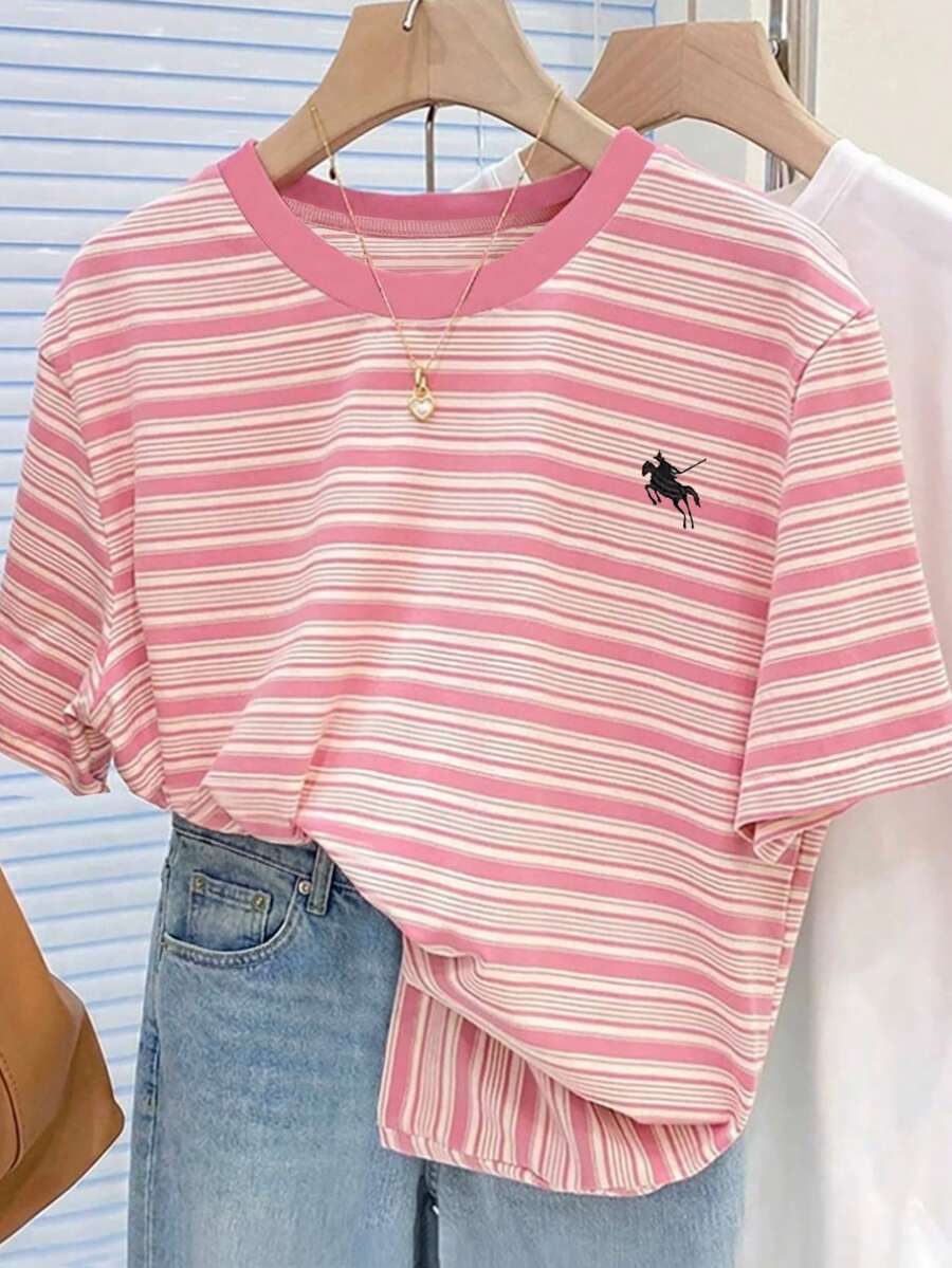 SHEIN Tween女孩休閒粉色與白色彩色條紋蝴蝶結印花圓領短袖T恤,夏季返校時尚上衣,適合Tween女孩與學校穿著 - 彩色 - 查看 1