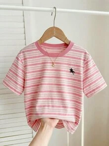 SHEIN Tween女孩休閒粉色與白色彩色條紋蝴蝶結印花圓領短袖T恤，夏季返校時尚上衣，適合Tween女孩與學校穿著 - 彩色 - 查看 2