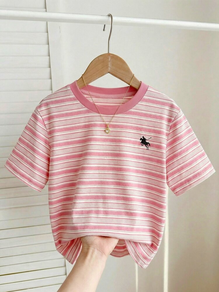 SHEIN Tween Girl Casual Pink And White Colorful Striped Bow Print Round Neck Short Sleeve T-Shirt, Summer Back-To-School Fashionable Top For Tween Girl & School - Multicolor - View 2