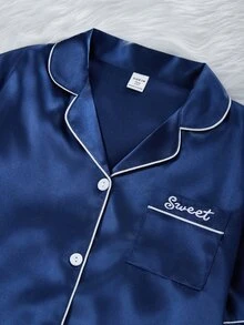 SHEIN طقم ملابس منزلية كاجوال مريح للفتيات المراهقات، 2 قطعة/مجموعة، كارديجان بأكمام قصيرة وياقة كلاسيكية بلون سادة مع جيب مطرز وشورت - متعدد الألوان - مشاهدة 8