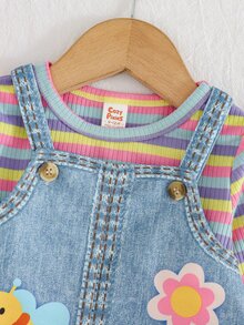 Cozy Pixies Baby Girl Colorful Striped Round Neck Long Sleeve Pullover Top & Floral Pattern Suspenders Dress 2pcs Set - Blue - View 3