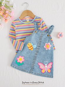 Cozy Pixies Baby Girl Colorful Striped Round Neck Long Sleeve Pullover Top & Floral Pattern Suspenders Dress 2pcs Set - Blue - View 10