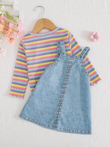 Cozy Pixies Baby Girl Colorful Striped Round Neck Long Sleeve Pullover Top & Floral Pattern Suspenders Dress 2pcs Set - Blue - View 2
