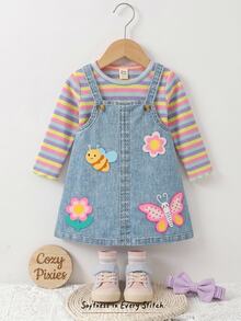 Cozy Pixies Baby Girl Colorful Striped Round Neck Long Sleeve Pullover Top & Floral Pattern Suspenders Dress 2pcs Set - Blue - View 11