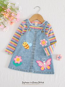 Cozy Pixies Baby Girl Colorful Striped Round Neck Long Sleeve Pullover Top & Floral Pattern Suspenders Dress 2pcs Set - Blue - View 9
