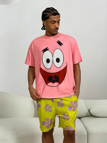 SpongeBob SquarePants | SHEIN 男士趣味卡通印花短袖 T 恤和短裤家居服睡衣套装，夏季 - 藕粉色 - 查看 4