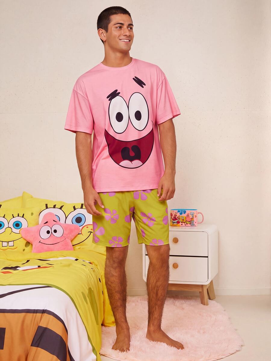 SpongeBob SquarePants | SHEIN 男士趣味卡通印花短袖 T 恤和短裤家居服睡衣套装,夏季 - 藕粉色 - 查看 1