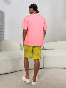 SpongeBob SquarePants | SHEIN 男士趣味卡通印花短袖 T 恤和短裤家居服睡衣套装，夏季 - 藕粉色 - 查看 2