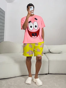 SpongeBob SquarePants | SHEIN 男士趣味卡通印花短袖 T 恤和短裤家居服睡衣套装，夏季 - 藕粉色 - 查看 3