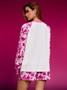 THE POWERPUFF GIRLS X SHEIN 女式花朵、泡泡、毛茛图案拼色 V 领长袖上衣和短裤 2 件套 - 粉色 - 查看 2