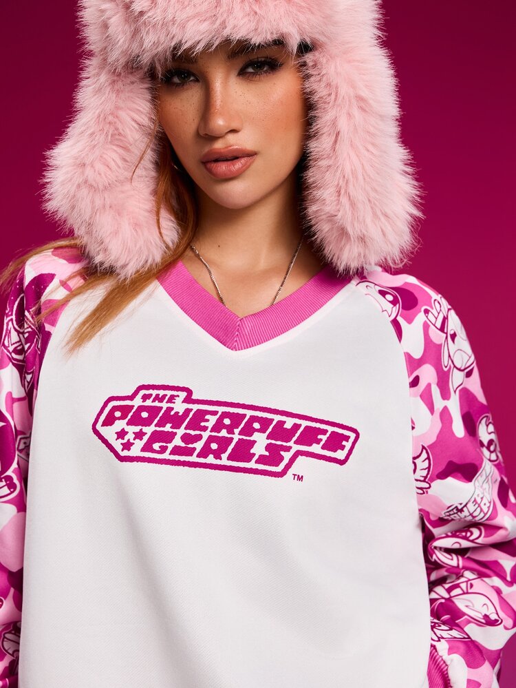 THE POWERPUFF GIRLS X SHEIN Women's Blossom, Bubbles, Buttercup Pattern Color Block V-Neck Long Sleeve Top And Shorts 2 Pieces Set Comfy Sets Sweat Set Women - Pink - View 8