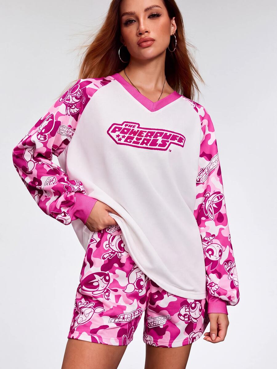 THE POWERPUFF GIRLS X SHEIN 女式花朵、泡泡、毛茛图案拼色 V 领长袖上衣和短裤 2 件套 - 粉色 - 查看 1