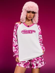 THE POWERPUFF GIRLS X SHEIN 女式花朵、泡泡、毛茛图案拼色 V 领长袖上衣和短裤 2 件套 - 粉色 - 查看 7