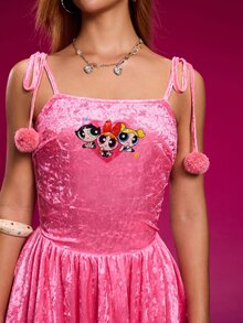 THE POWERPUFF GIRLS X SHEIN Women's Blossom, Bubbles, Buttercup Pattern Ruffle Hem Cami Dress Pink Dress For Women Mini Dress - Pink - View 7