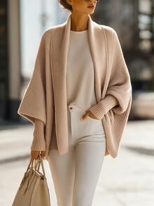 SHEIN Light Pink New Knit Cardigan, Buttonless Open Shawl Collar Cape Style - Dusty Pink - View 8
