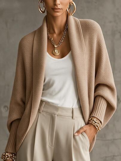 SHEIN Light Pink New Knit Cardigan, Buttonless Open Shawl Collar Cape Style