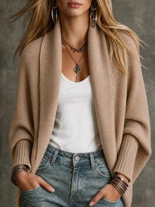 SHEIN Light Pink New Knit Cardigan, Buttonless Open Shawl Collar Cape Style - Dusty Pink - View 4